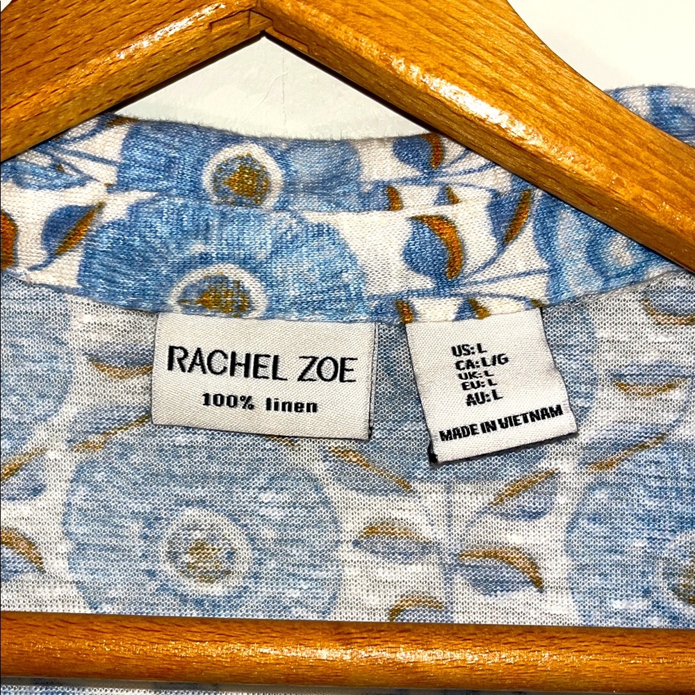 RACHEL ZOE Linen V-Neck Blouse Collared Boxy Flowy Floral Women’s Large Blue - Picture 3 of 4